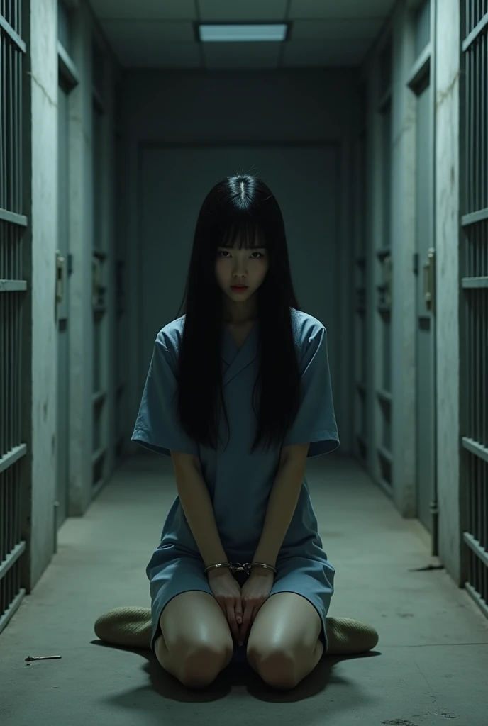 "A beautiful Korean girl with long, straight black hair is wearing a brow, long-sleeved prison uniform with matching pants. She is in a women’s prison, kneeling in a dimly lit prison corridor. Her hands are cuffed in front of her, and she is wearing plain rubber slippers on her feet. The corridor is narrow, with gray concrete walls and metal-barred cell doors lining the sides. 