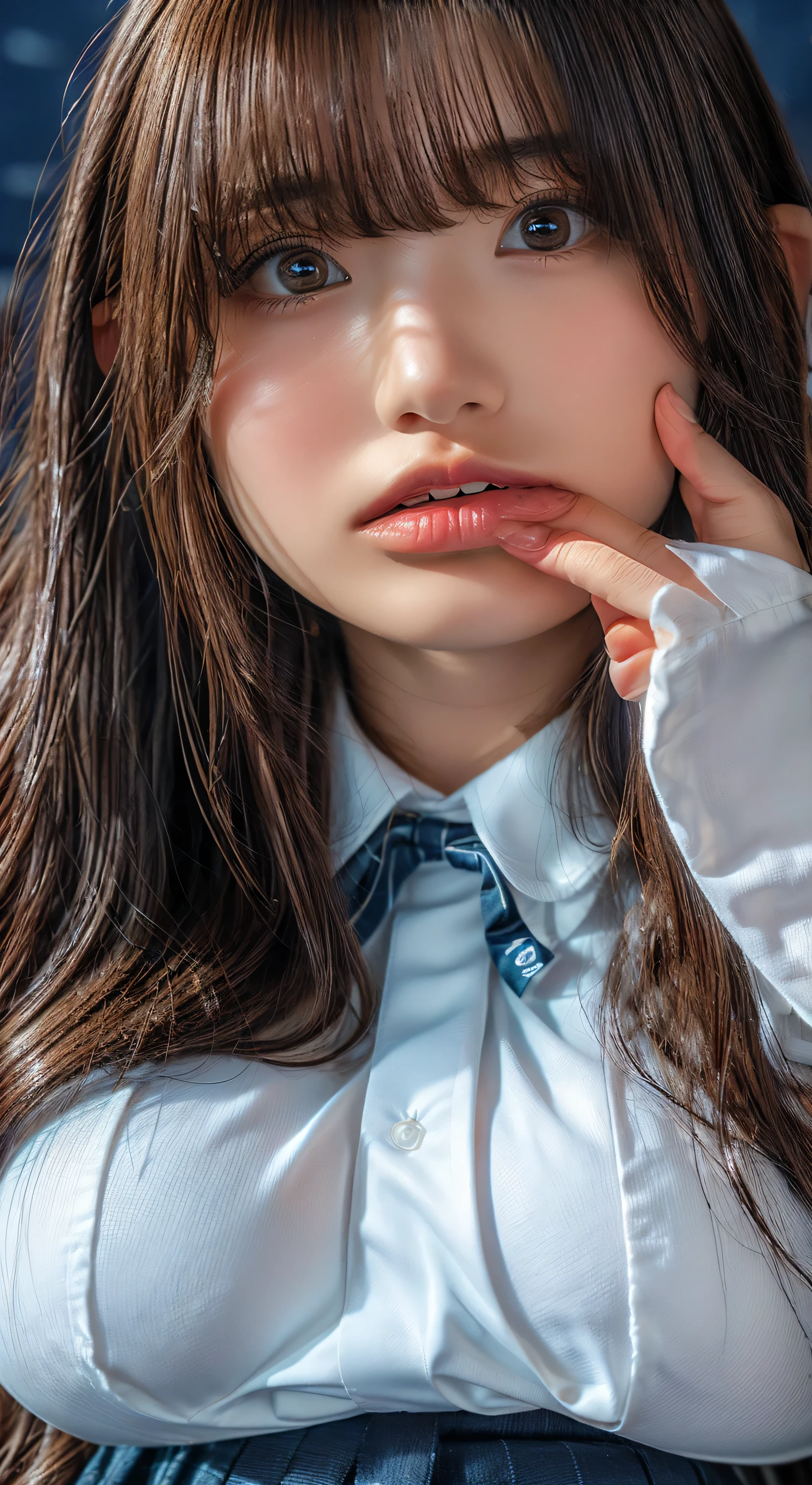 (Highest quality、Tabletop、、Best image quality、Award-winning works)、Extremely cute and lewd high school girl、White polyester collared shirt ripped because her breasts were too big、Short sleeve:1.4)、(Navy Pleated Skirt:1.1)、Girl portrait photography、Glowing Skin、Brown Hair、Are standing、Look at the audience with a big smile on your face、Sculpture Pose、(Science Room Background:1.45)、(Very obscene and huge breasts bigger than her face:1.95)、Accentuate your body lines:1.15)、Very large red ribbon tie、Very long hair:1.75、A very cute expression of begging to be held