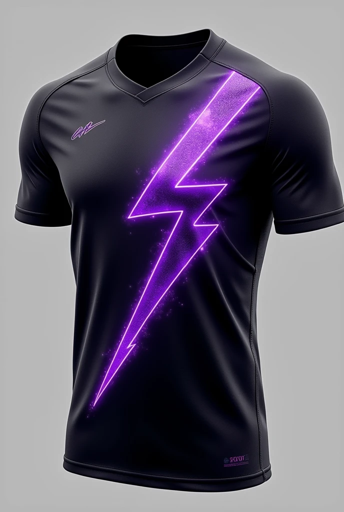 Create a front and back team jersey with a predominantly black color and details of several purple lightning bolts 