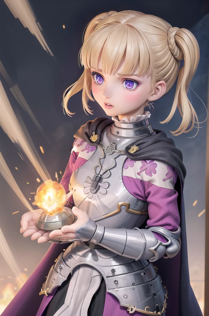 Farne Arm, alone, Short Twin Tails, (lips:0.7), Black-purple armor, breastplate, Gauntlet, Cape, View your viewers, Mature Woman, (Severe:0.5), Traditional Media, (fire:0.7), Night Sky, 残りfire, Town centre, Medieval, 