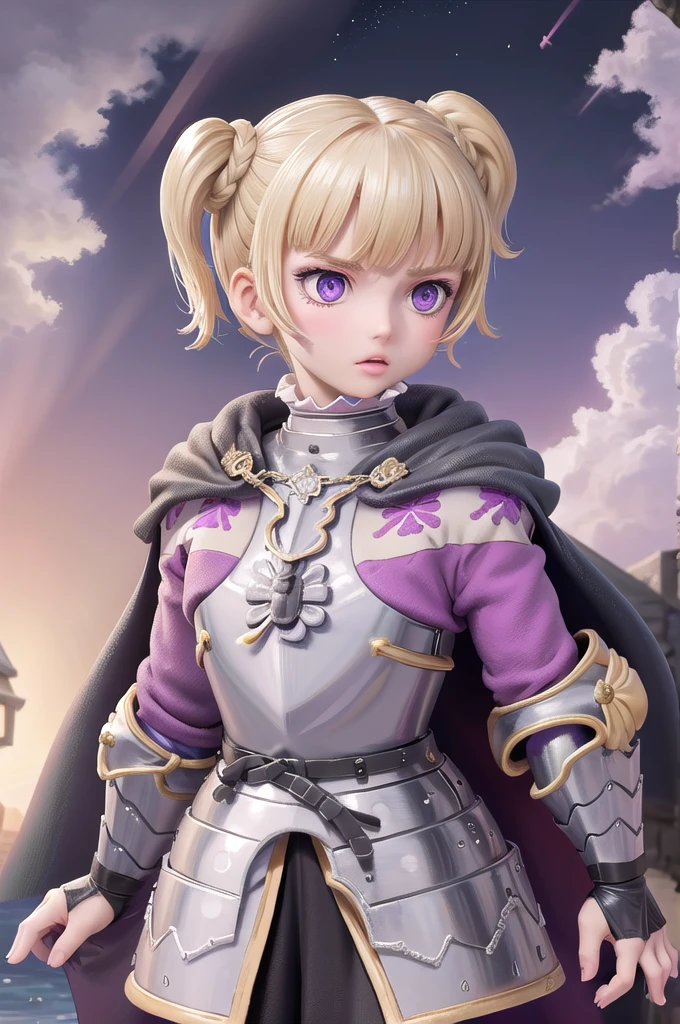 Farne Arm, alone, Short Twin Tails, (lips:0.7), Black-purple armor, breastplate, Gauntlet, Cape, View your viewers, Mature Woman, (Severe:0.5), Traditional Media, (fire:0.7), Night Sky, 残りfire, Town centre, Medieval, 