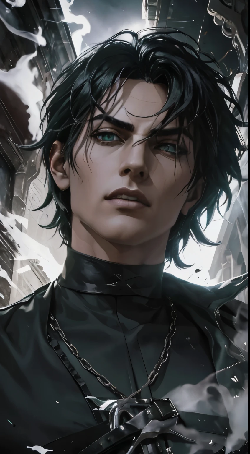 (an androgynous male assassin:1.1),wild black hair,green eyes,slim,black assassin clothing,in a castle,medium:oil painting,detailed background,moody lighting,vivid colors,dark and mysterious ambiance,ominous atmosphere