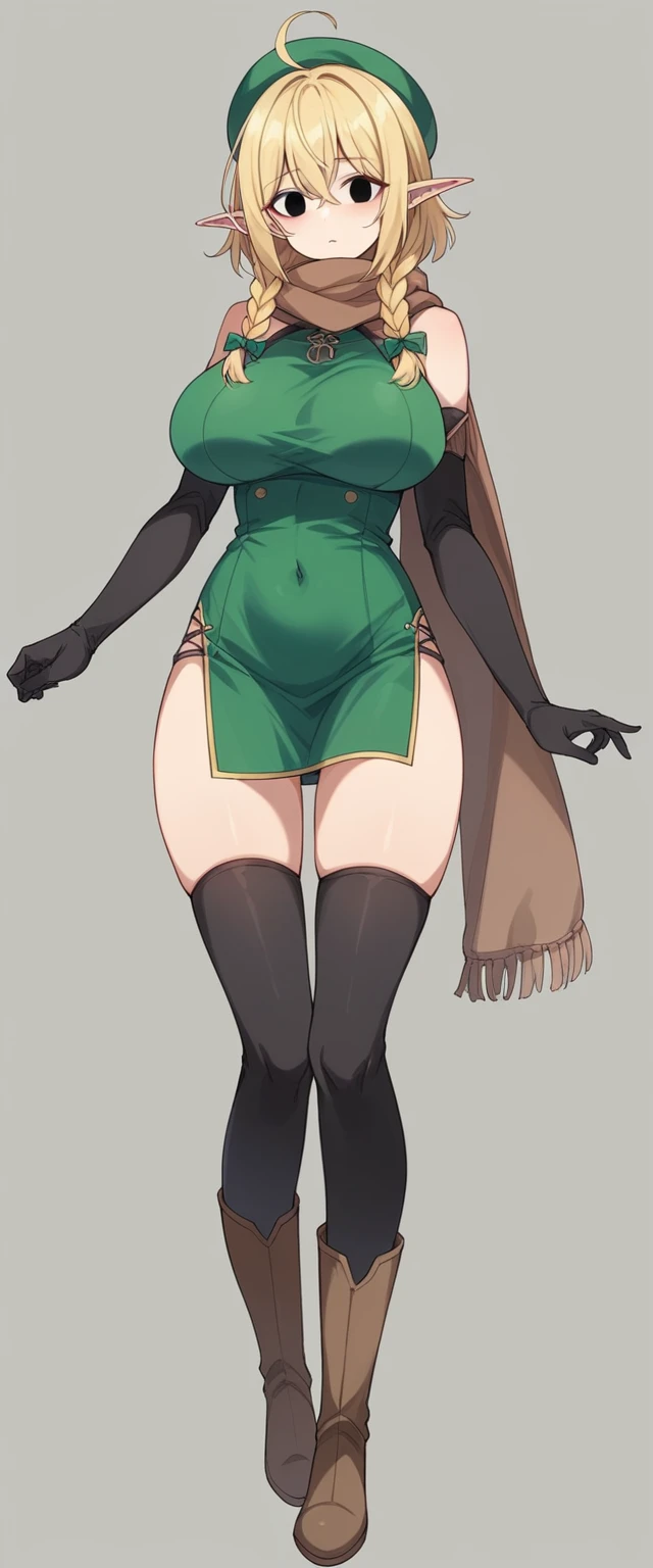 Elf、1 female、women only、short hair、twin braids、ahoge、blonde、(thin)、Big Breasts、Tall、empty eyes、black eye、Black elbow gloves、((black thigh highs))、Small black beret、Brown scarf、Green dress、Brown boots、((full body))、whole body、Are standing、thin太もも、shoulder、belly button、isekai、fantasy、front