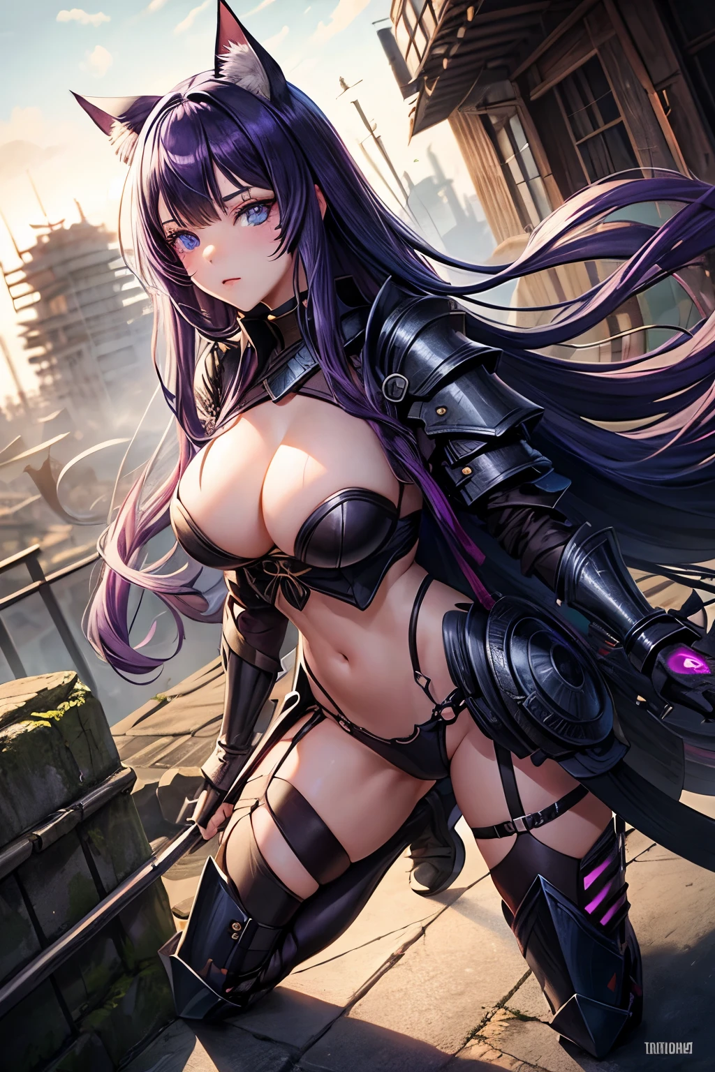 1 girl, very long hair, purple hair, fringe, cat ears, breasts, blue eyes, heterochromia, wide angle, mask/sale/face mask, ukiyo-e, half combat armor, post-apocalyptic citadel, Full body