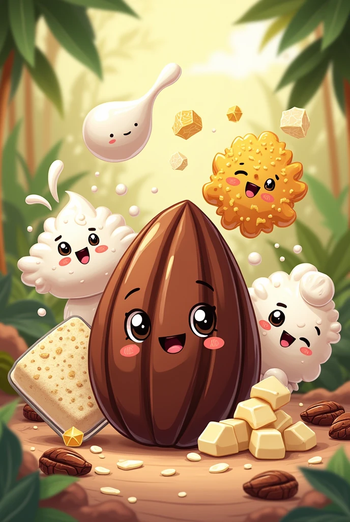 Make a cartoon image of cocoa liquor mixed with sugar, powdered milk and cocoa butter