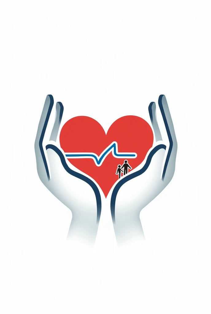 Health company logo with a white background containing two hands holding a red heart with a blue lifeline and a family below the heart