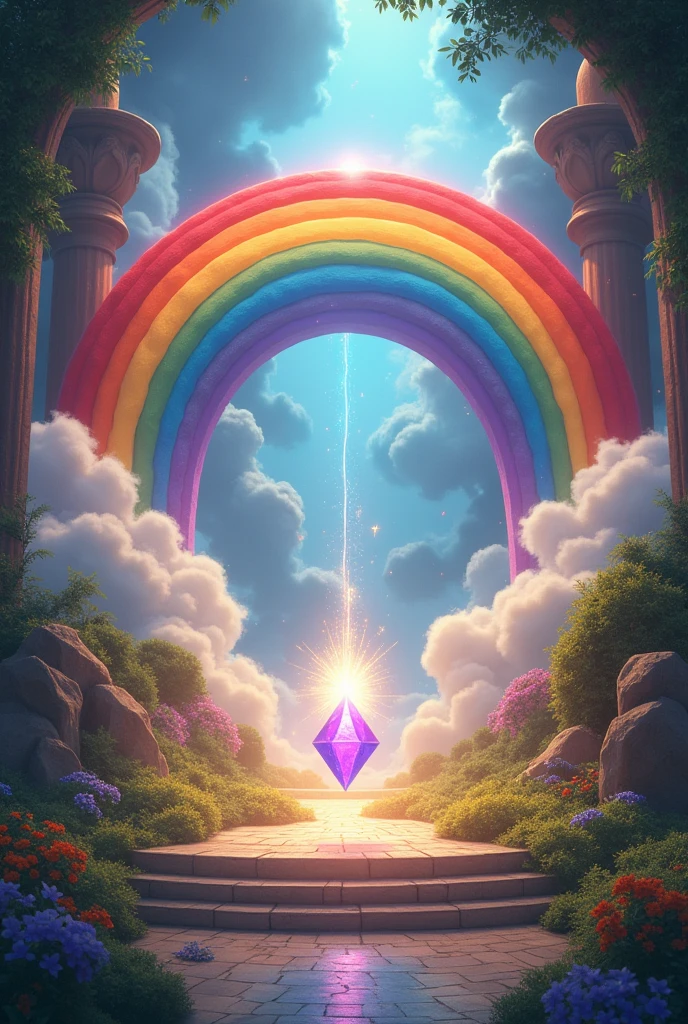 create a showcase with a rainbow and at the end of the rainbow, a jewel