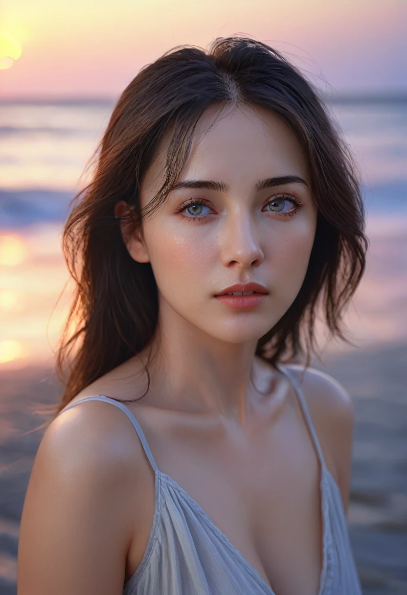 a woman, incredibly beautiful, languid expression, moist eyes, summer dusk, best quality, high resolution, ultra detailed, realistic,