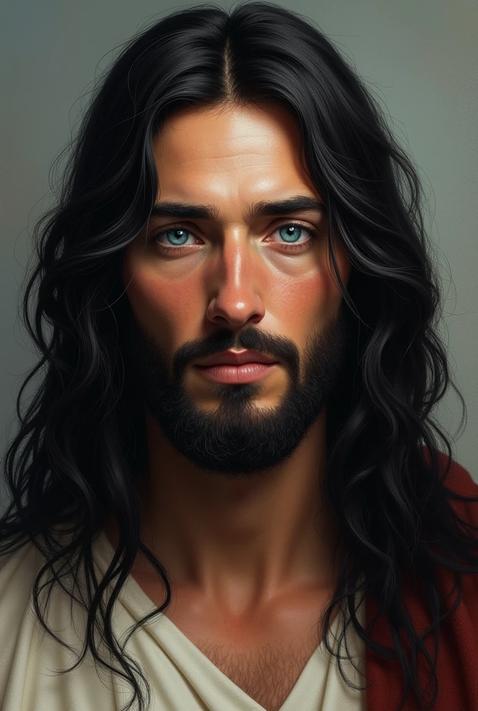 Creates an image of Jesus with very blue eyes and long black hair
