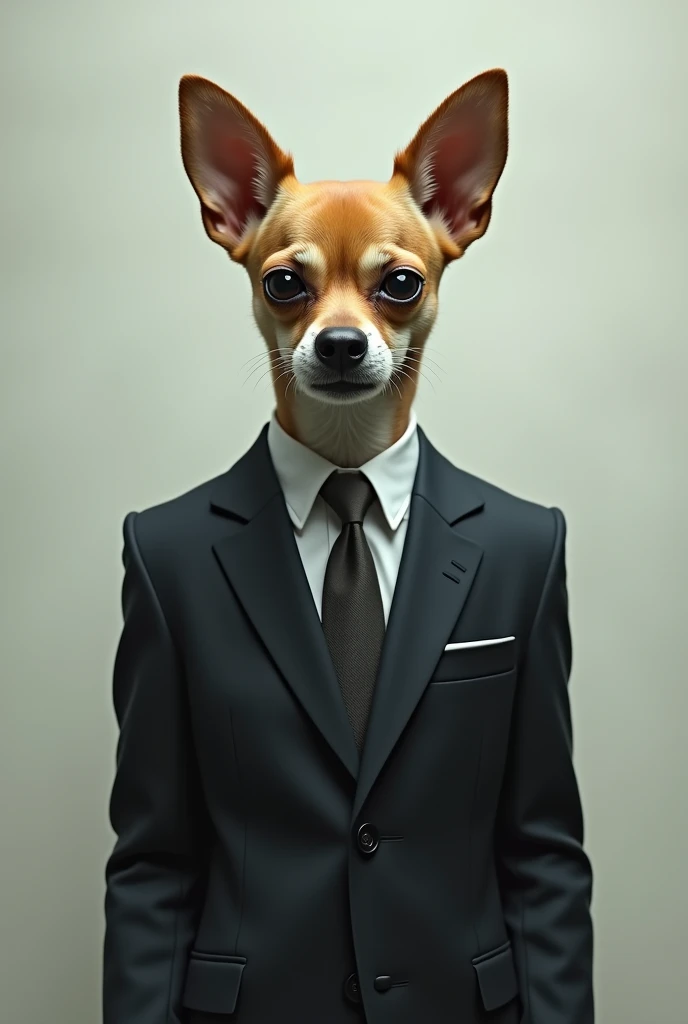 A man in a suit with a chihuahua dog head