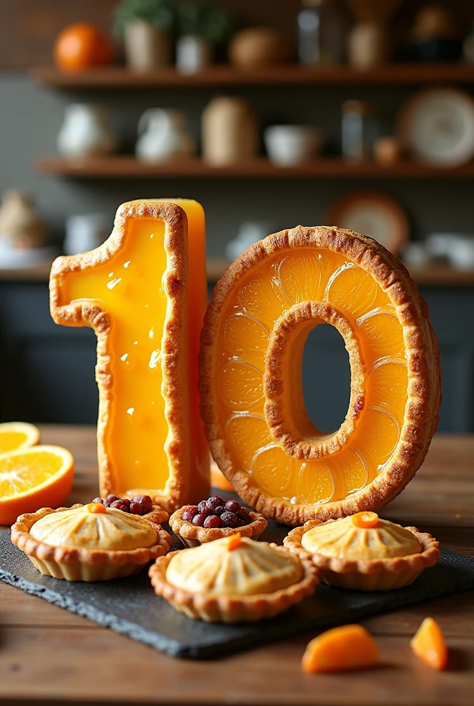 Create a letter written in pies + orange juice With illustrative photos of round pies The price of 10 reais written in large letters Write terceirão 3 D And be creative