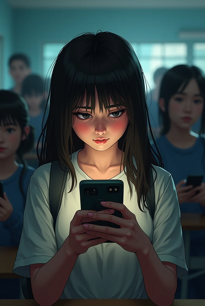 An image of a teenager who is at her school, She is devastated inside looking at her cell phone with her classmates in the background looking at their cell phones and looking in amazement at the girl who was a case of digital violence.