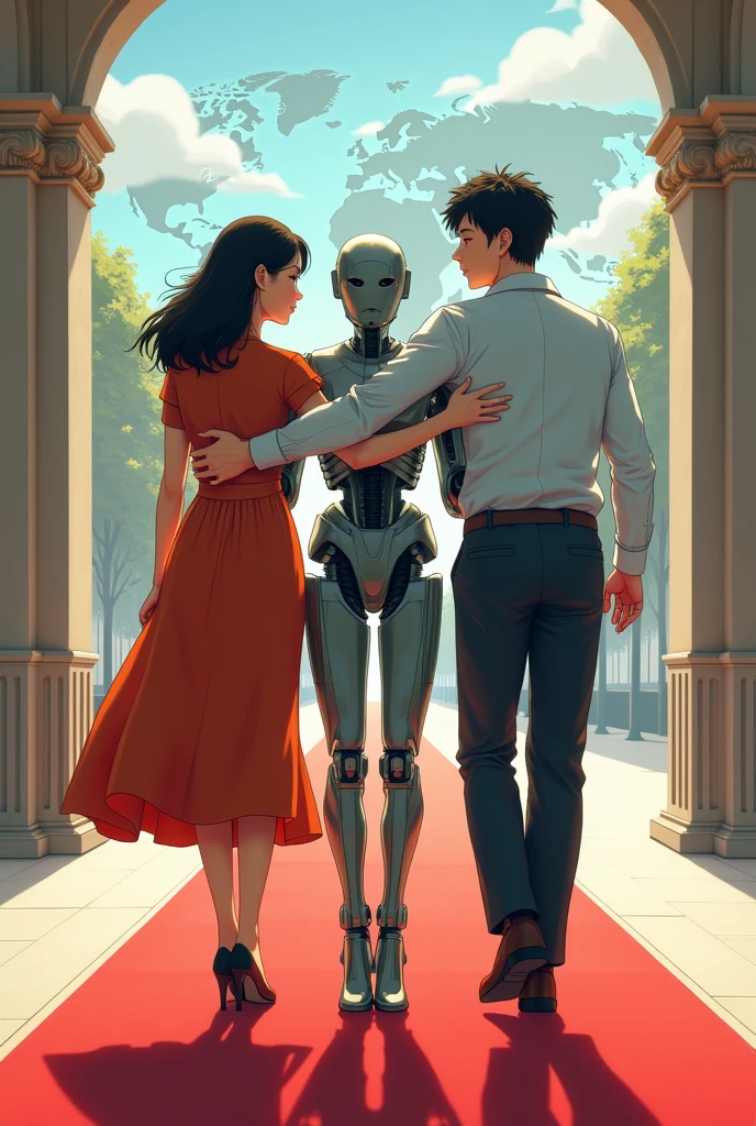 Tres personajes una mujer un hombre y en medio un prototipo de arnés automotriz echo persona abrazando a los otros dos personajes caminando sobre una alfombra roja dirijiendose al 🌏 a crear cálidas automotriz para el mundo   desde Japón indicando también en el los mapas los clientes a los que vende arnés automotriz 