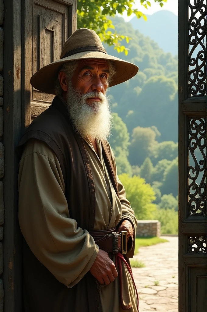 Image of an elderly man with a hat on his head, near a gate 