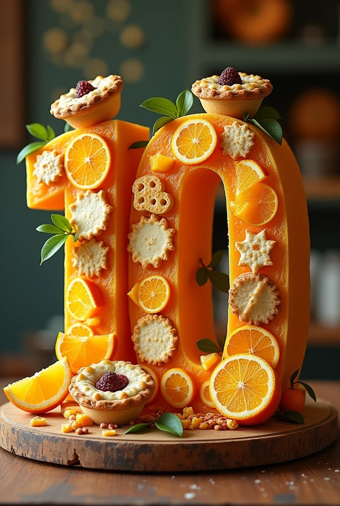 Create a letter written in pies + orange juice With illustrative photos of round pies The price of 10 reais written in large letters Write terceirão 3 D And be creative 