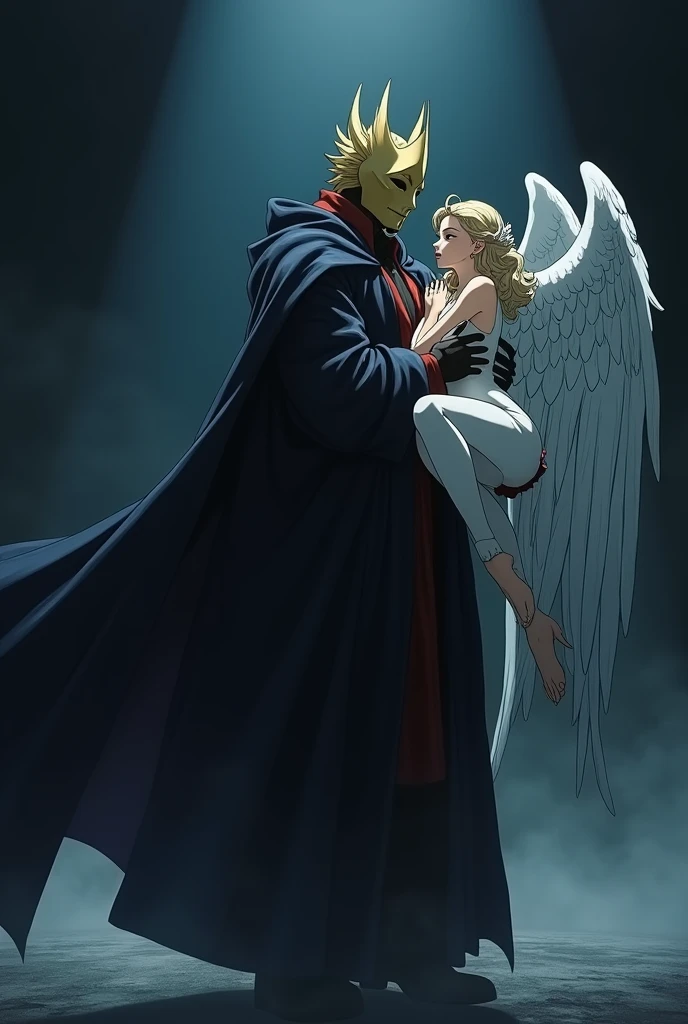 The image is anime style cowboy bebop and Darker than black with shadows and dim lights, anime style although somewhat adult and dark, It shows Golbez from Final Fantasy IV, who wears a theater mask Melpómene or Talia, that does not allow his face to be seen, in a side pose with his cape billowing forward; In his arms, There resides an adult female angel who has eight fainting wings.