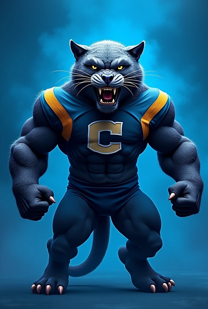 Angry muscular Puma college mascot on blue background