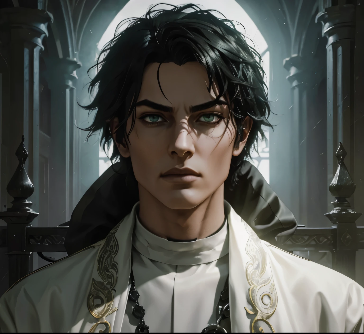 (an androgynous male assassin:1.1),wild black hair,green eyes,slim,black assassin clothing,in a castle,medium:oil painting,detailed background,moody lighting,vivid colors,dark and mysterious ambiance,ominous atmosphere
