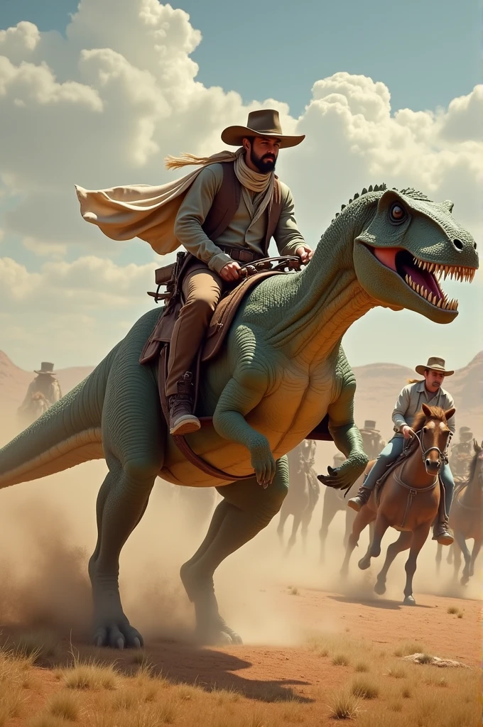 concept art of a cowboy riding a T-Rex chasing horses in the Wild West