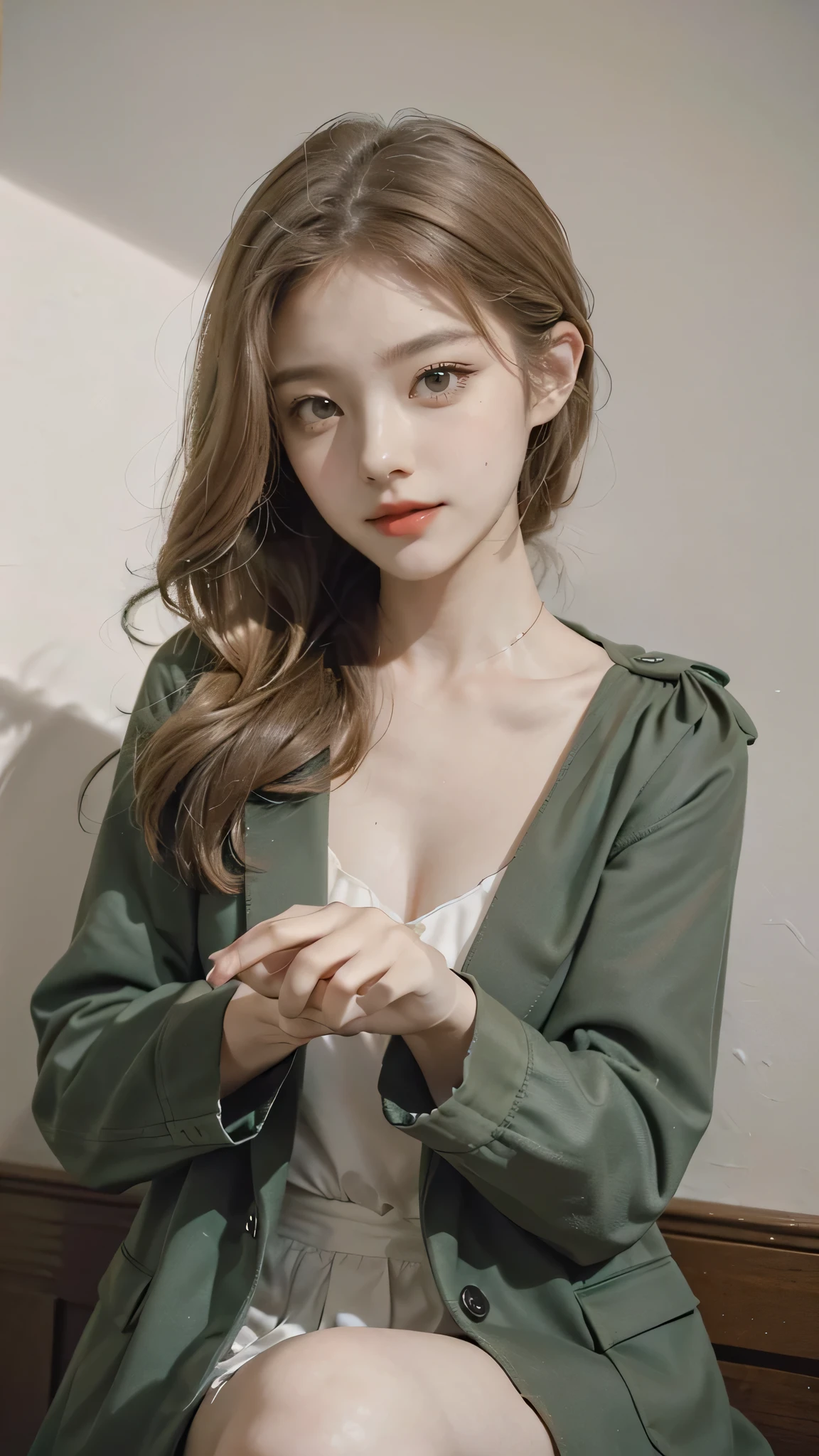 A girl with a bright and innocent expression, Luxury green coat with a collar design, buttoned up (no revealing or tight clothing) Coat should be knee-length or longer to maintain modesty, Light blonde, shoulder-length hair with soft waves (not too sensual or provocative), Hair should be clean and well-groomed, Glowing, healthy-looking skin with a subtle smile, Star in the eye (a sparkle or a shining star symbol) to represent innocence and magic, Red lips (a soft, subtle shade, not too bold or provocative, Grey background to keep the focus on the subject and avoid distractions, The picture should exude innocence, elegance, and a sense of wonder, Avoid any suggestive or mature themes, ensuring the image is suitable for all ages, Ensure the subject's pose and expression are natural and relaxed, avoiding any provocative or uncomfortable positions.