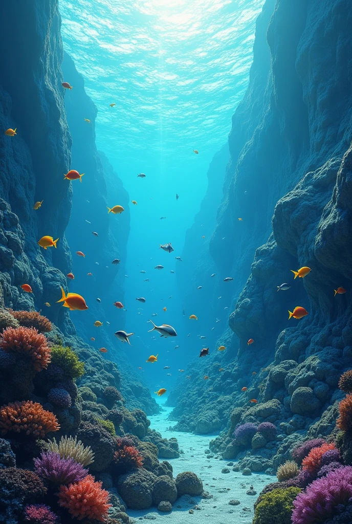 Create a wallpaper of all underwater reliefs and the continental margin animated with fish