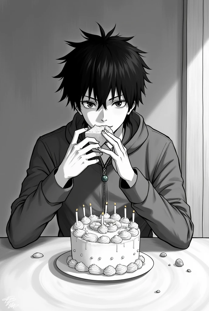 Kite Kaito, hunter hunter character, eating birthday cake. black and white image