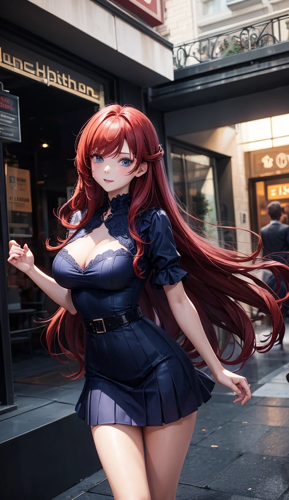 1 girl with long wavy red hair, blue eyes, medium breasts, slim waist flirty dress