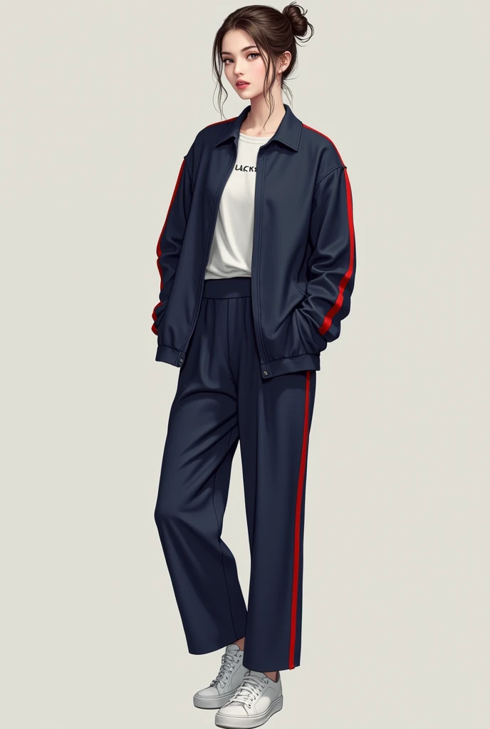 Make me a picture of a girl with her hair tied up in a bun, brown hair with a navy blue jacket with red stripes and navy blue pants with red stripes. The girl should be pale, that is, white skin and with white sneakers.