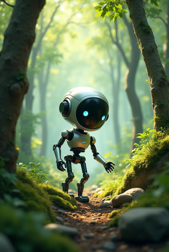 create an image of an animated robot searching for something in the forest