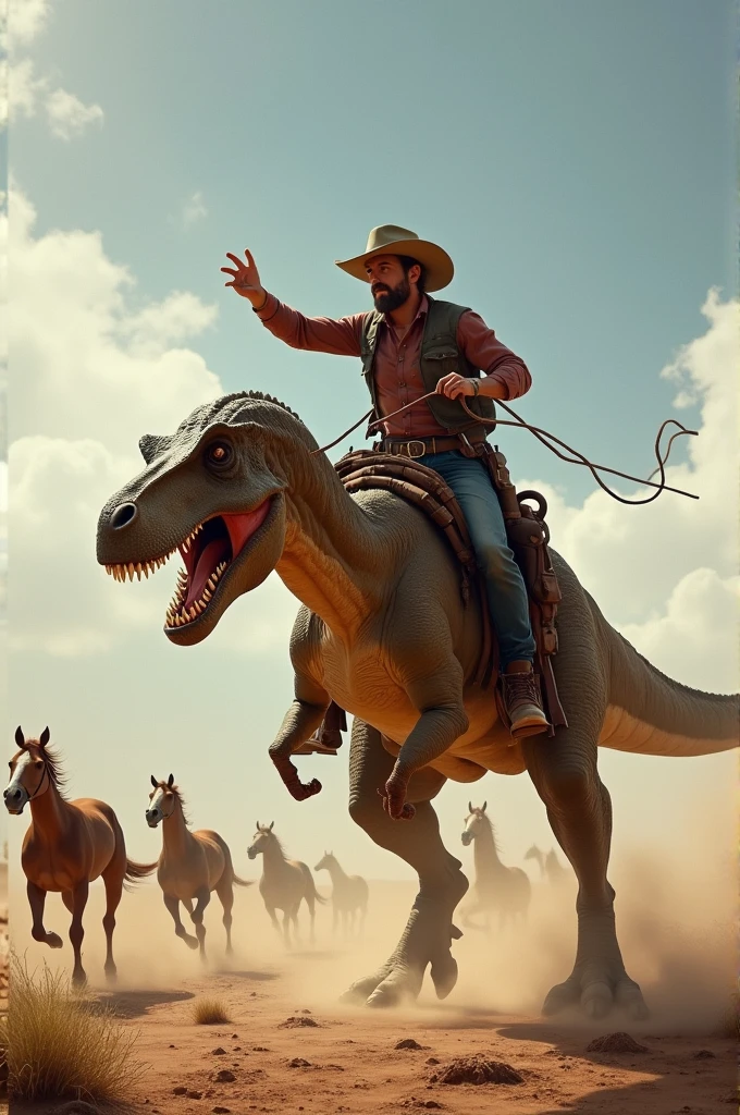 concept art of a cowboy riding a T-Rex chasing horses in the Wild West 