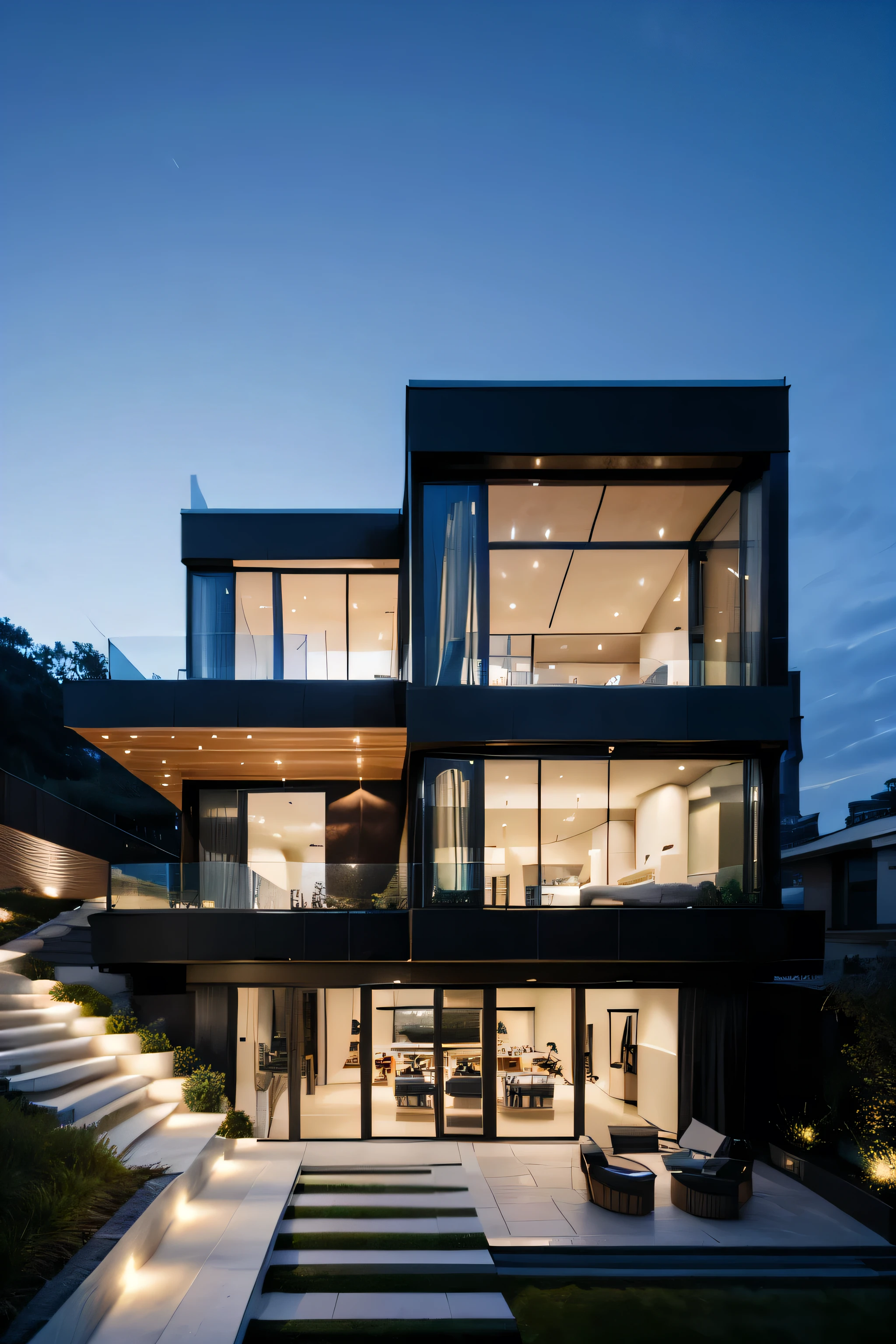 Beautiful luxury house with so many lights and beautiful landscape very big house and stairs lightining outside the building 