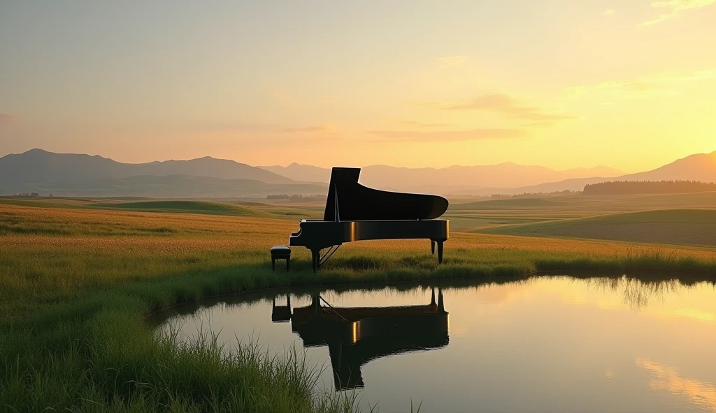 It depicts a peaceful landscape photographed at sunrise.。The sky is a warm orange、yellow、And filled with a pale blue、In front of me is a calm water surface.、Silhouettes of hills and mountains in the distance are visible。In the middle ground、さまざまな緑色とyellowの畑が広がっており、A large black grand piano sits on grass and cultivated land。This image is、nature、Tranquility、Interesting themes related to the beauty of dawn and dusk。