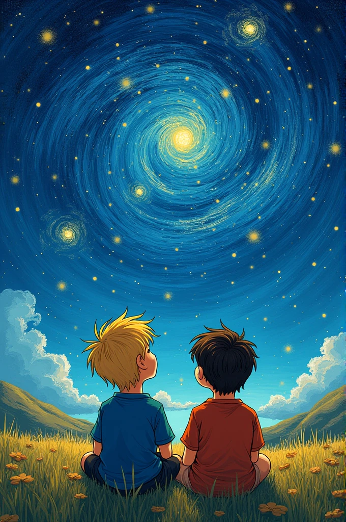 Two boys sitting admiring the stars, one blond and the other brown-haired, in Vincent Van Gogh drawing style