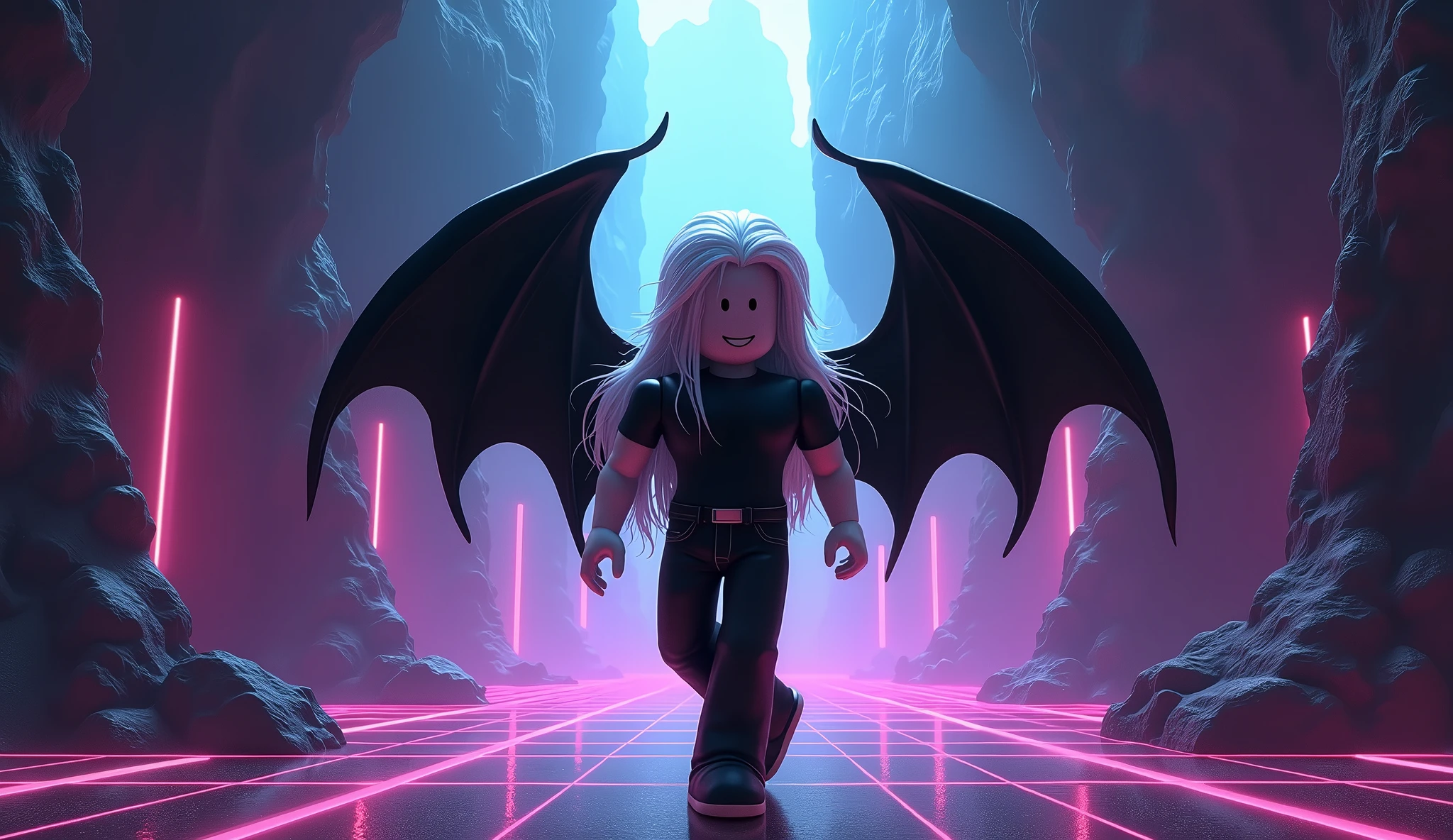 Beautiful tall square Roblox male doll, with long white hair, rocker clothes with black jeans and black shirt and two black bat wings and no lips, white skin, no mouth and beautiful body, he is dancing in a cave, cartoon, Vice City GTA, background of a ceuva with a dance floor