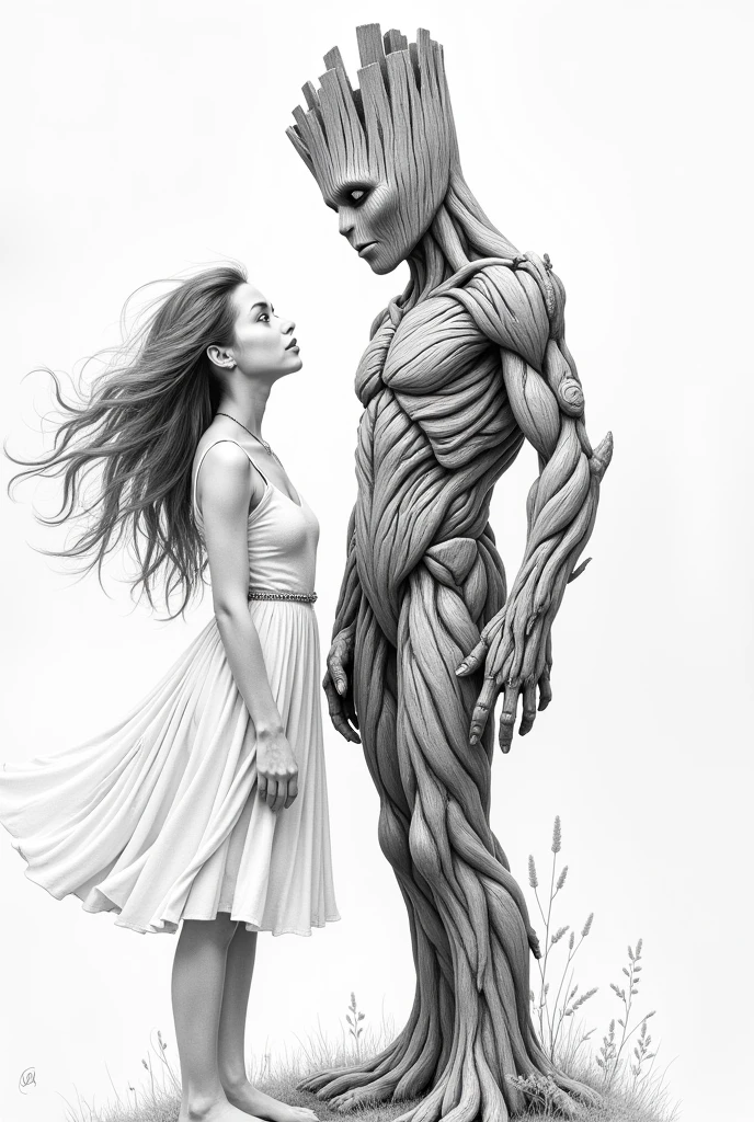 pencil sketch art of a beautiful girl and groot