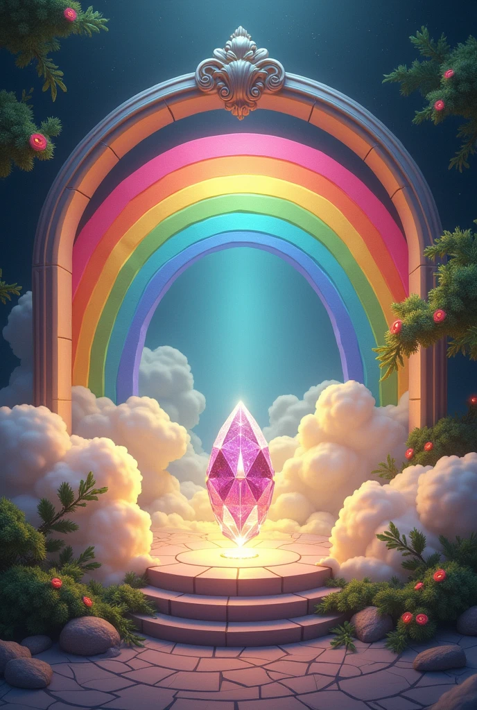create a showcase with a rainbow and at the end of the rainbow, a jewel