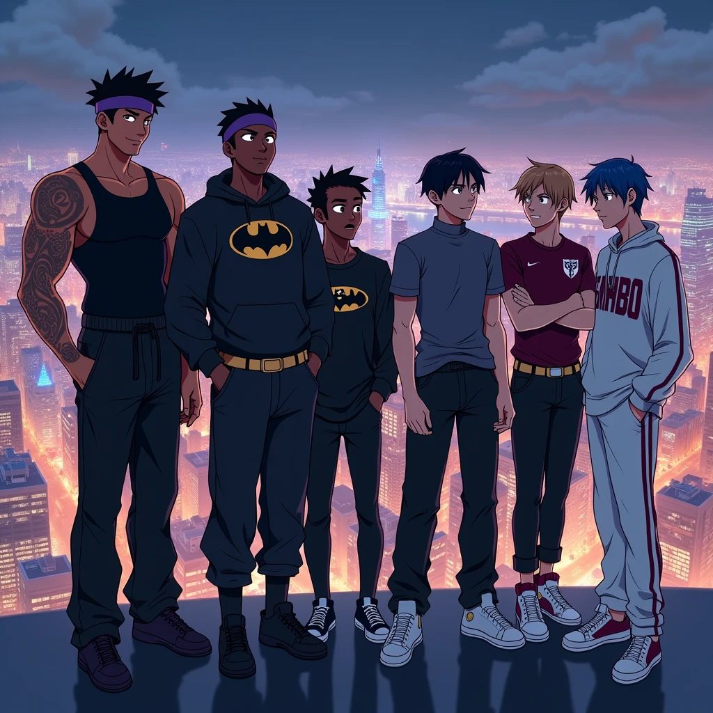 Create an image of 8 anime style friends, in the background there is a city and it is night in the city, New York style, and they are side by side on top of a building looking at the view.
The first friend, he is wearing a black tank top and his arms have veins, he wears baggy black jeans, it is white in tone.
he has black hair and he has a purple headband tied around his head, he has a confident face, but without smiling. Ele está com um com tennis
totalmente preto. He is tall.
The second friend, is wearing a sweatshirt and black pants, and shoes too,
is wearing a black hat. and his mouth has a slight smile. and his eyes shine white. your hair is black. He has a white belt around his waist. He is tall. Your skin tone is black.
The third friend, is wearing jeans and a Batman symbol sweatshirt. e um tennis preto também. your hair is black, and your skin tone is dark. He is tall.
The fourth friend, está com um tennis branco está usando uma calça jeans preta, and a turtleneck shirt, ele tem o cabelo castanho e esta sorridente e Her skin tone is fair. He is tall.
The fifth friend, is wearing baggy black pants, e um tennis branco, Her skin tone is fair, his shirt is gray and his hair is light brown, e He is tall.
The sixth friend, is wearing all white clothes, tennis, shirt and pants, and your hair is white too, he has light skin tone. He is tall.
The seventh friend, is wearing a Flamengo shirt (Brazilian soccer team)
o your hair is black e usa uma calça social, and your skin tone is dark. and has tattoos on his arms, e He is tall.
The eighth friend, is wearing a black shirt, um short/ben 10 shorts, and he is barefoot, your hair is blue.
They are all the same size.