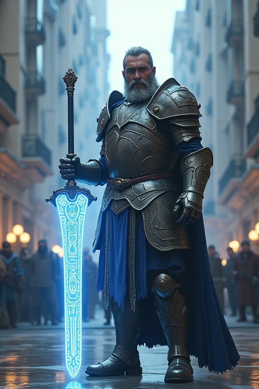 A soldier from ancient times, with steel armor, new shiny, and his blue light sword emanates an aura with runic letters around it, a modern city all luxury, men and women are frightened
