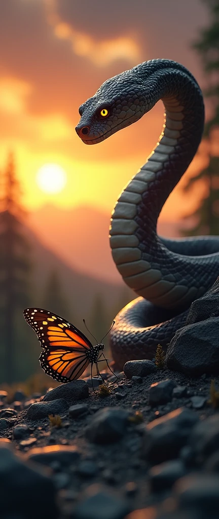 This is a digital image of a Buterfly walking on rocky ground. The snake is facing the right side of the picture, and its eyes are yellow. The background is a dark orange sky from sunset. The land is covered with rocks and boulders and there are some trees and mountains in the distance. The general feeling of the image is fierce and powerful.
