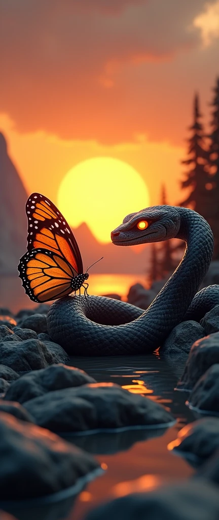 This is a digital image of a Buterfly walking on rocky ground. The snake is facing the right side of the picture, and its eyes are yellow. The background is a dark orange sky from sunset. The land is covered with rocks and boulders and there are some trees and mountains in the distance. The general feeling of the image is fierce and powerful.
