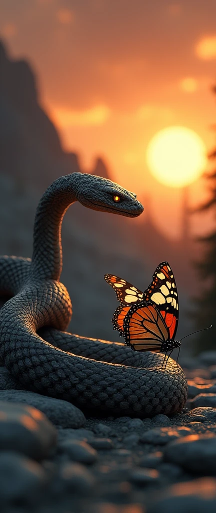 This is a digital image of a Buterfly walking on rocky ground.   The snake is facing the right side of the picture, and its eyes are yellow.   The background is a dark orange sky from sunset.   The land is covered with rocks and boulders and there are some trees and mountains in the distance.   The general feeling of the image is fierce and powerful.