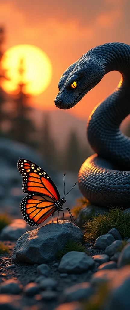 This is a digital image of a Buterfly walking on rocky ground. The snake is facing the right side of the picture, and its eyes are yellow. The background is a dark orange sky from sunset. The land is covered with rocks and boulders and there are some trees and mountains in the distance. The general feeling of the image is fierce and powerful.