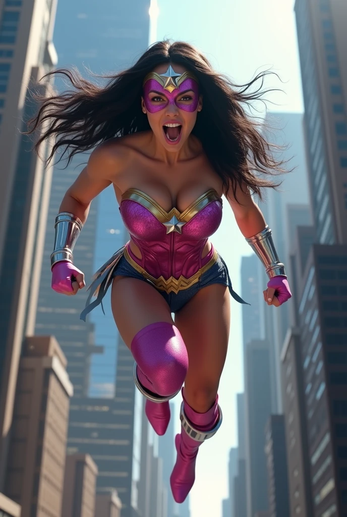 (((Mask soldiers Wonder Woman Midjourney A beautiful American woman with light eyes and long black hair))),(((Flying between the skyscrapers Screaming))),(((Wearing a swimsuit with fuchsia leather sleeves))),(((With tiny scales))),(((Fuchsia sleeves falling from her shoulders))),((((Long fuchsia boots and gloves))),(((Long silver-colored metal bracelets fitted to your wrists))),(((Fuchsia corset with white ten-pointed star))),(((In his abdomen))),(((Mask soldiers in fuchsia metal Wonder Woman style with a white star on her forehead))),(((Mask soldiers in fuchsia metal Wonder Woman style with a white star on her forehead))),(((Woman of thick build with muscles in her arms and legs))),((((((,This costume does not have any kind of cape or wings.)))))),(((