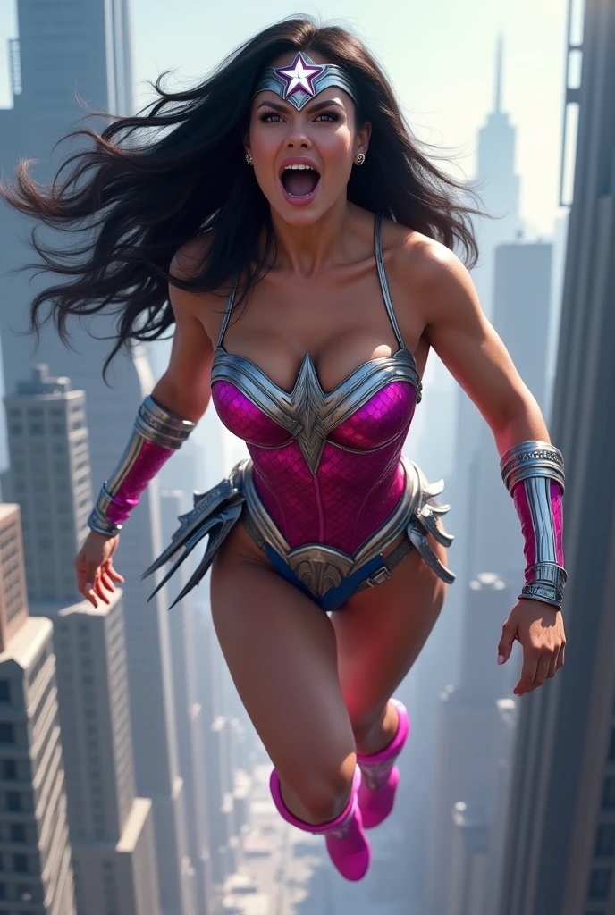 (((Mask soldiers Wonder Woman Midjourney A beautiful American woman with light eyes and long black hair))),(((Flying between the skyscrapers Screaming))),(((Wearing a swimsuit with fuchsia leather sleeves))),(((With tiny scales))),(((Fuchsia sleeves falling from her shoulders))),((((Long fuchsia boots and gloves))),(((Long silver-colored metal bracelets fitted to your wrists))),(((Fuchsia corset with white ten-pointed star))),(((In his abdomen))),(((Mask soldiers in fuchsia metal Wonder Woman style with a white star on her forehead))),(((Mask soldiers in fuchsia metal Wonder Woman style with a white star on her forehead))),(((Woman of thick build with muscles in her arms and legs))),((((((,This costume does not have any kind of cape or wings.)))))),(((