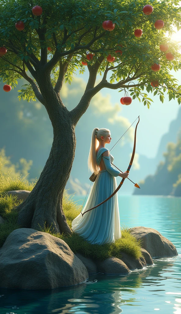 Full body portrait. A beautiful elf woman carrying a bow and arrow wearing blue and white clothes is picking apples on an apple tree beside a river. The background is a beautiful river full of rocks with a big tree on the side This scene is a very detailed and professional 3D digital art masterpiece.