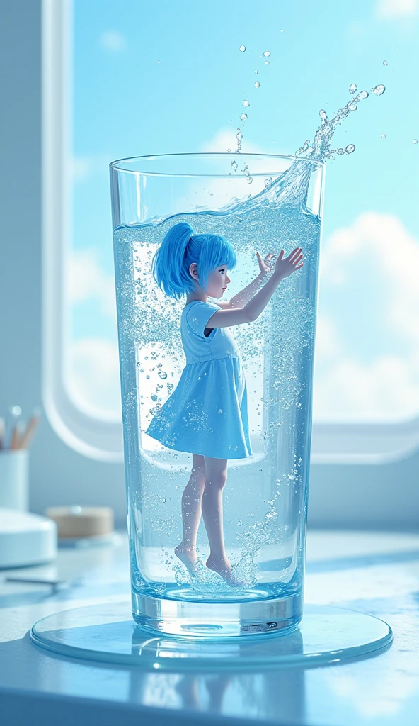 Very detailed, 8k, Glass, Water in a Glass, Glassクリスタル, bubble, Right blue water, Nice, bright、Blue Hair Girl、splash