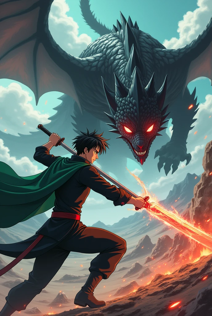 an animation of an adult anime character who is a swordsman with short black hair, white green eyes black clothes and a green cape fighting a red-eyed black dragon 
