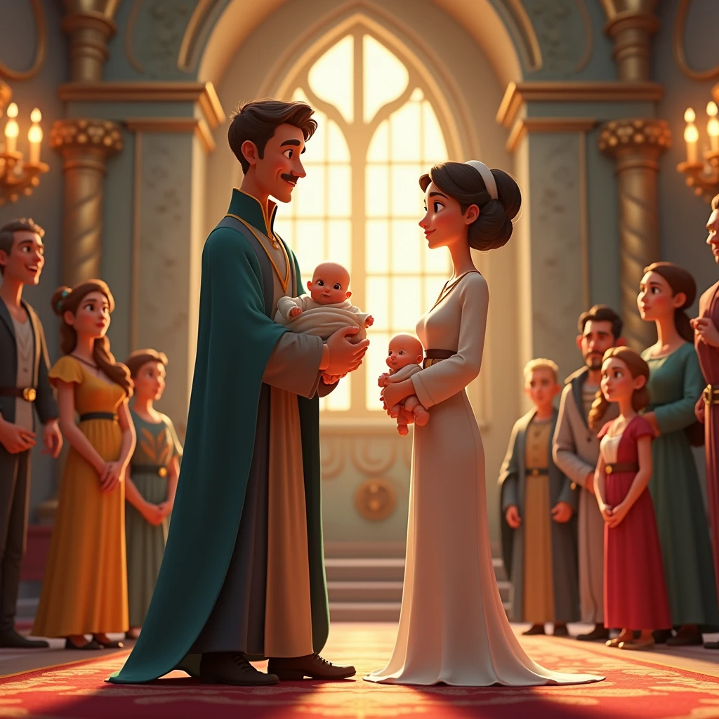 image of a young woman, slender, Queen, very beautiful next to the king, in a castle environment, with a catholic family around, in the castle. With a baby in her arms taken to be baptized in this castle. Vivid and vibrant images. All people should be modest, that is, with clothes that have almost no cleavage, tightly closed around the neck, with at least short or long sleeves. This for all images. It would have to be cartoon style, 3D artistic characters similar to Disney style. All images must be generated with this style. 