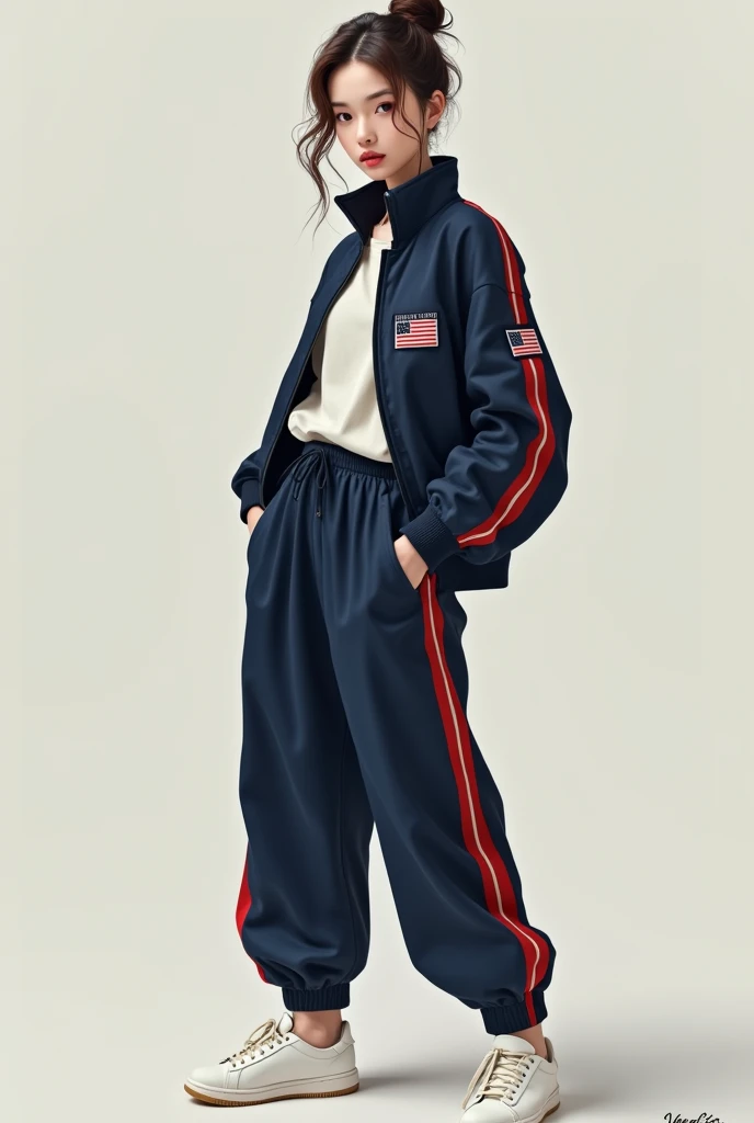 Make me a picture of a girl with her hair tied up in a bun, brown hair with a navy blue jacket with red stripes and navy blue pants with red stripes. The girl should be pale, that is, white skin and with white sneakers. 