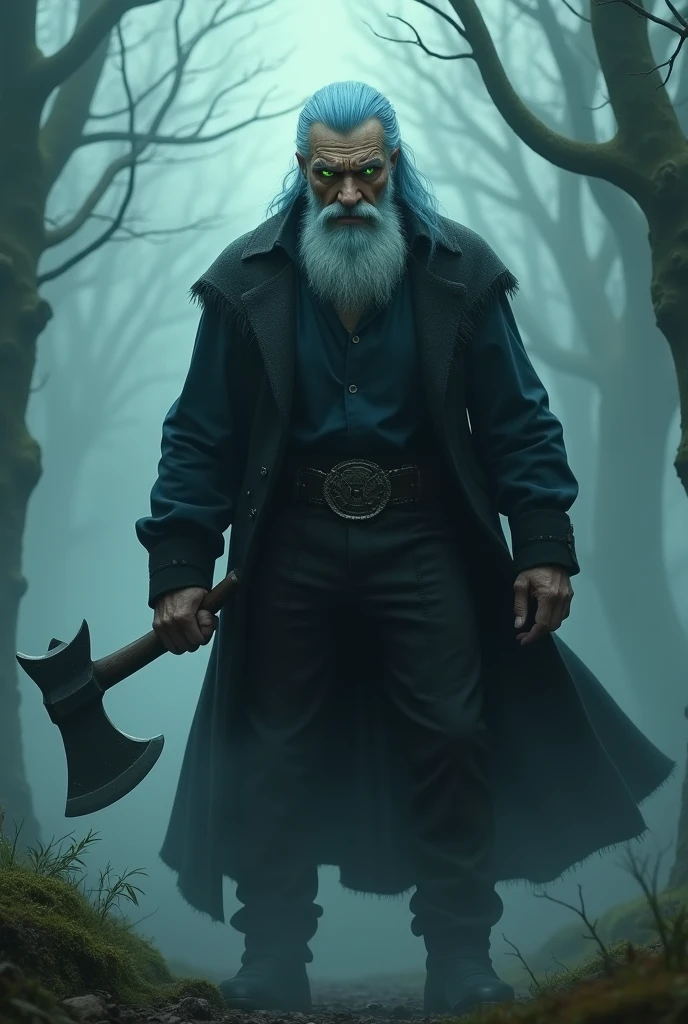 A handsome grandfather with blue hair and beard,with elegant black pants and shirt,bright green eyes,that is in a foggy forest,that has an axe,angry and scary looking and beardless and with a fancy bang